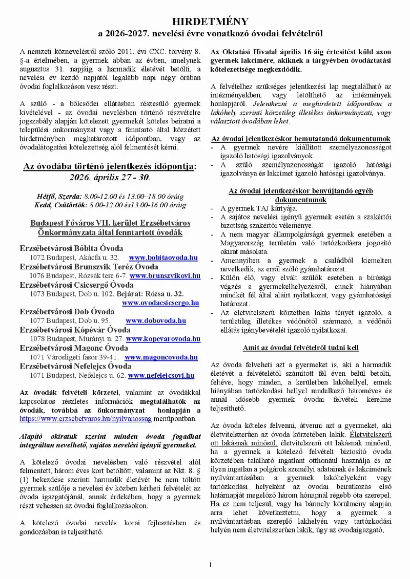 ERZSÉBETVÁROSI BÓBITA ÓVODA épülete